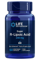 Life Extension Super R-Lipoic Acid 240 mg dietary supplement in a blue bottle, containing 60 vegetarian capsules.